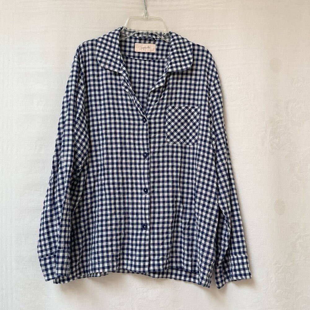 Papinelle Gingham Shirt Top Women’s Medium Blue White Minimalist Cozy Check